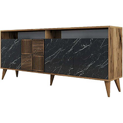 Hanah Home Buffet en aggloméré 4 portes Milan noyer et imitation marbre noir.