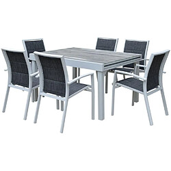 Wilsa Garden Ensemble MODULO 6/10p en aluminium blanc et verre décors bois avec 6 fauteuils en textilène