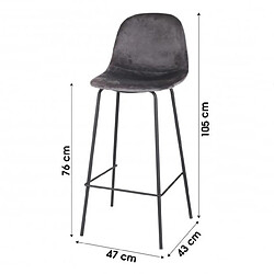 Lot de 2 IMA TABOURET DE BAR EN VELOURS GRIS AVEC PIED METAL NOIR STYLE INDUSTRIEL 47X43X76/105CM+Urban Living