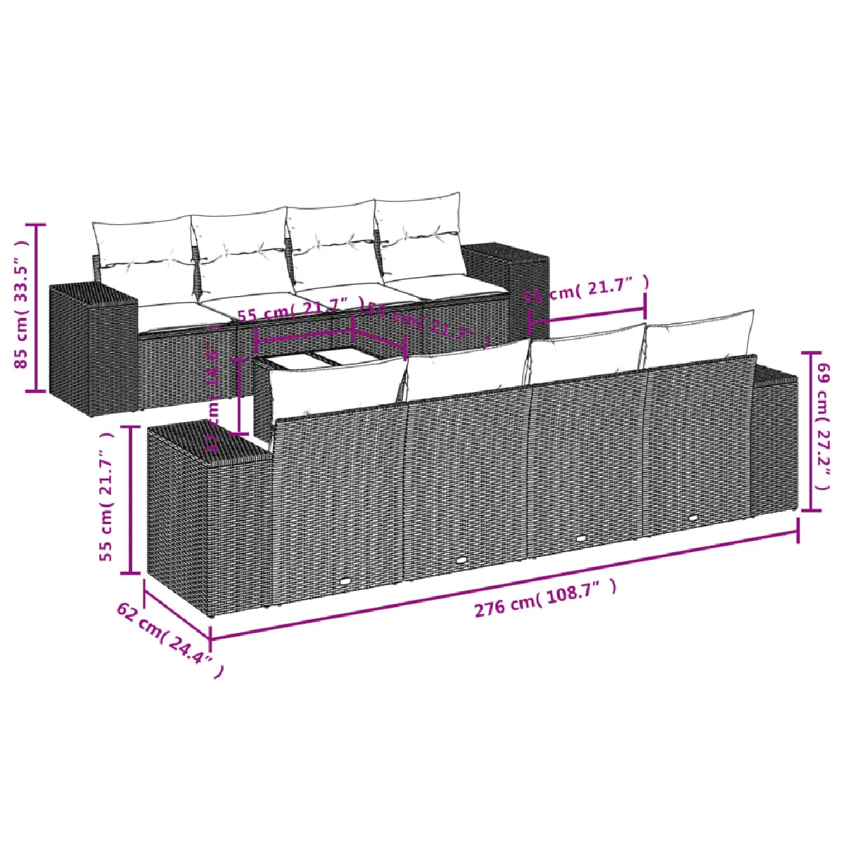 vidaXL Salon de jardin 9 pcs avec coussins noir résine tressée pas cher