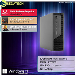 Sedatech Pack Mini-PC Pro • AMD Ryzen 7 8700G • Radeon Vega • 32 Go DDR5 • 2To SSD M.2 • DVD-RW • Windows 11 • Moniteur 24"