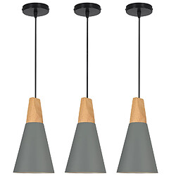 Stoex 3X Suspension Luminaire Moderne Gris, Abat-Jour en Métal Et Bois, Suspension Lustre Nordique Rétro, Ampoule Non Incluse