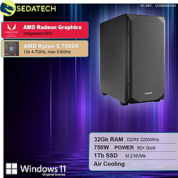 Sedatech PC de bureau Silent • AMD Ryzen 9 7900X • Radeon Vega • 32Go DDR5 • 1To SSD M.2 • Windows 11