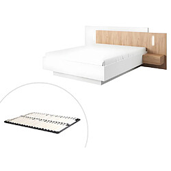 Vente-Unique Lit avec chevets 160 x 200 cm - 2 tiroirs - Avec LEDs - Coloris : Blanc et naturel + Sommier - FRANCOLI pas cher