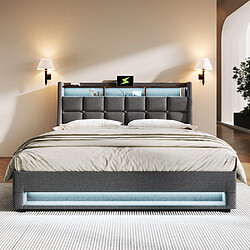 Sweiko Lit coffre 140x200 cm Lit rembourré avec USB Lit simple LED avec sommier à lattes métalliques pour adolescents Sans matelas Gris