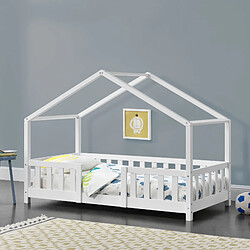 Decoshop26 Lit cabane pour enfant forme de maison avec barrière de sécurité en bois de pin blanc 70 x 140 cm 03_0005461