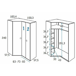 Inside 75 Armoire d'angle pan-coupé 2 portes 150,3 x 240 cm finition chêne blanchis porte droite pliante