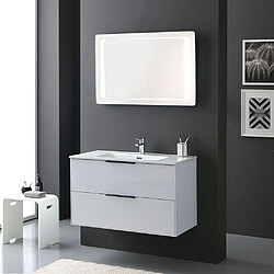 Kiamami Valentina MEUBLE DE SALLE DE BAIN BLANC BRILLANT 90CM POIGNÉE EN NOIR MAT ET MIROIR À LED | PARIGI 