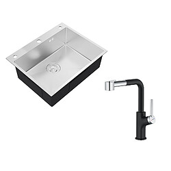 Auralum MAX Évier + Robinet set, Évier de Cuisine à Encastrer,1 Bac,60*49*20CM,Évier 1 Cuve en inox 304,Silver + Robinet Cuisine Noir avec Douchette Extractible,2 Jets