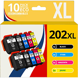 123CONSOMMABLES - 202XL - Pack cartouches d'encre Compatible avec Epson 202 XL 202XL pour imprimante Expression Premium XP6100 XP6005 XP6105 (pack de 10) 