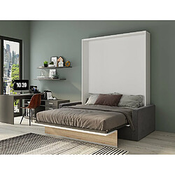 Avis Inside 75 Armoire lit escamotable DJUKE SOFA blanc bandeau chêne canapé gris 160*200 cm