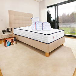 LUXURY LITERIE Ensemble matelas Patriote 90x190 cm + sommier beige ep20cm + oreiller + couette + Tête de Lit •Dimensions du couchage: 90x190 cm •Type de matelas: ressorts ensachés, memosoft100 •Epaisseur du matelas: 27 cm •Matelas livré roulé compressé •Traitement de protection: Anti-acarien, Anti-bactérien, Hypoallergénique •Revêtement-Coutil certifié Oeko-tex®