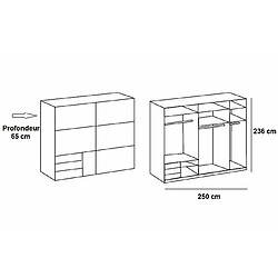 Inside 75 Armoire coulissante LISEA 2 portes 3 tiroirs chêne poutre verre blanc 250 x 236 cm HT