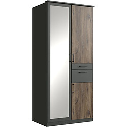 Pegane Armoire, meuble de rangement coloris imitation chêne Flagstaff, rechampis graphite -  Longueur 90 x Hauteur 198 x Profondeur 58 cm 