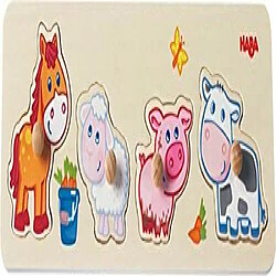 HABA Puzzle bAbA animaux de la ferme - Puzzle en bois 4 piAces A boutons gAants pour 1 an et plus