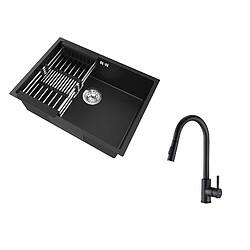 Auralum MAX Évier Cuisine 1 Bac 60*44*20CM,inox,à Encastrer/sous-plan avec Panier Drainage,Noir+Robinet Cuisine avec Douchette,Mitigeur EVIER Extractible,Noir