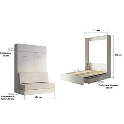 Inside 75 Armoire lit escamotable DYNAMO SOFA façade blanc brillant canapé gris 160*200 cm pas cher