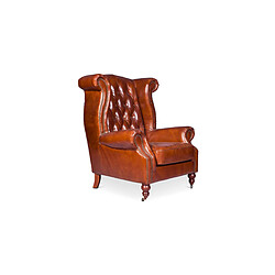 ICONIK INTERIOR Fauteuil Design Churchill Lounge - Cuir Premium & Bois Marron vieilli