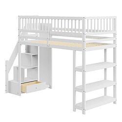 ComfortXL Lit Mezzanine 90x200cm, avec Armoire, Étagères, Espace de Rangement Échelle Sécurisée, Bois, Blanc