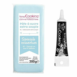 Scrapcooking Pâte à sucre de couverture bleu clair 200 g + Stylo de glaçage noir 