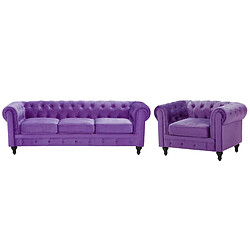 Beliani Ensemble canapé et fauteuil en velours violet 4 places CHESTERFIELD 