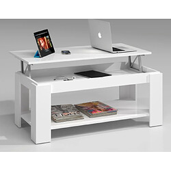 Alter Table basse avec plateau relevable et espace de rangement et étagère inférieure, couleur blanc mat, Dimensions 102 x 43 x 50 cm (la hauteur peut être relevée de 43 à 54 cm)