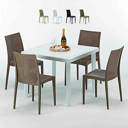 Table Carrée Blanche 90x90cm Avec 4 Chaises Colorées Grand Soleil Set Extérieur Bar Café Bistrot Love, Couleur: Marron 