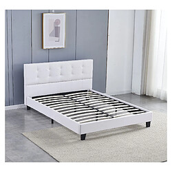 Sensoreve Lit 140x200cm simili cuir blanc avec tête de lit boutonnée, sommier lattes en bois