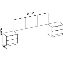 Pegane Ensemble de tête de lit + lot de 2 tables de chevet avec 2 tiroirs + armoire + commode haute avec 5 tiroirs coloris blanc