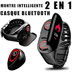 Chrono TWS Bluetooth 5.0 téléphone mobile casque sans fil Montre Connectée moniteur de fréquence cardiaque sport casque stéréo(Noir) 