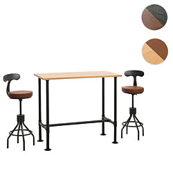 Mendler Set table de bar + 2x tabourets de bar HWC-N21, hauteur réglable pivotant repose-pieds, métal industriel similicuir ~ naturel, marron