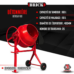 Bétonnière 650w - Capacité du tambour 160L - Avec roues - Brick