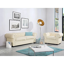 Beliani Ensemble canapé et fauteuil en cuir beige crème 4 places CHESTERFIELD