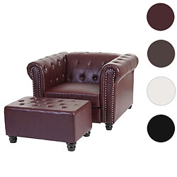 Mendler Fauteuil de luxe Chesterfield, fauteuil relax, similicuir ~ pieds ronds, brun rouge avec ottomane