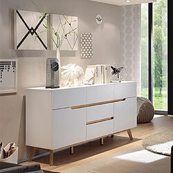 Mes Buffet 2 portes 5 tiroirs 145x40x76 cm blanc mat et chêne - MAXEY 