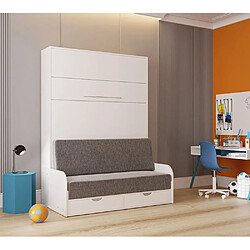 Avis Inside 75 Armoire lit escamotable KOMPACT SOFA canapé tiroirs accoudoirs blanc mat tissu gris couchage 160*200 cm