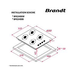 Table de cuisson gaz 60cm 4 feux noir - BPG3400B - BRANDT