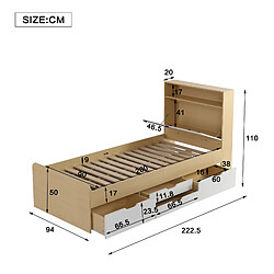 Avis KOMHTOM Lit simple 90x200cm, tête de lit avec cadre à rabats, avec 4 tiroirs, MDF + panneaux de particules, blanc + chêne clair