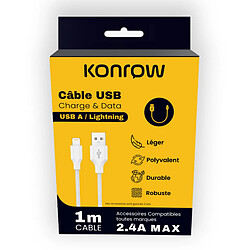 Konrow KCATLNW1 - Câble USB Lightning vers Type A (1m, Nylon, Blanc) - Emballage Original 