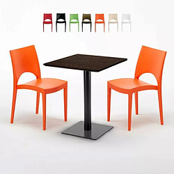 Grand Soleil Table carrée 60x60 pied noir et plateau bois avec 2 chaises colorées Paris Kiss - Orange 