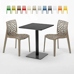 Grand Soleil Table carrée 60x60 noire avec 2 chaises colorées Gruvyer Licorice, Couleur: Beige Juta