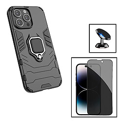 PHONECARE Kit Verre Trempé 5D Anti-Spy + Coque 3X1 Military Defender + Support Magnétique de Voiture pour Apple iPhone 15 Pro - Noir 