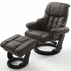 Inside 75 Fauteuil relax CLAIRAC assise en cuir marron pied en bois noir avec repose pied 