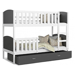 Kids Literie Lit Superposé Tomy 90x190 Blanc - gris Livré avec sommiers, tiroir et matelas en mousse de 7cm 