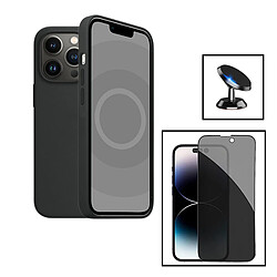 PHONECARE Kit Film Verre Trempé 5D Anti-Spy + Coque Silicone Liquide + Support Magnétique de Voiture pour Apple iPhone 15 - Noir 