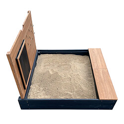 AXI Mandy Sandbox en bois avec banc, espace de rangement, couvercle et tableau noir | Bac à sable en anthracite et marron avec tapis de sol | 100 x 90 cm