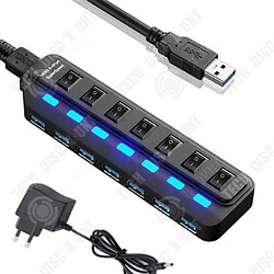 Tech Discount TD® Alimentation USB Répartiteur HUB 7 ports USB3.0 ultra-rapide avec interrupteur Interface USB 3.0 x 7PORT noire connectée au hub 