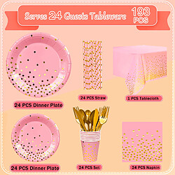 Lumcrajems Rose et Or Vaisselle de Fête, 193pcs Pink et Rose Or Party Vaisselle Set - Assiette Anniversaire Fille Rose Nappe Serviettes Gobelet et Couverts etc Vaisselle Anniversaire Rose et Or, 24 Invités