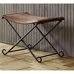 Pegane Tabouret pliable en cuir coloris vintage - Dim : L 58 x P 50 x H 49 cm 