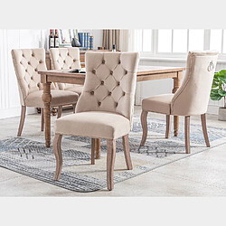 Sweiko Chaises de salle à manger en velours beige, dossier haut avec piqué de boutons, cadre en bois massif, beige 4 pièces